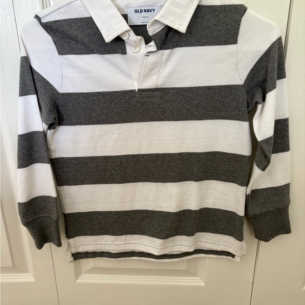 Old Navy Gray and White Striped Polo Shirt